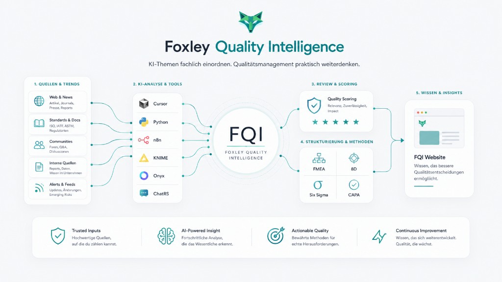 Infografik: Von Quellen und Trends über KI-Analyse, Review, QM-Methoden bis zu veröffentlichten FQI Insights auf der Website.