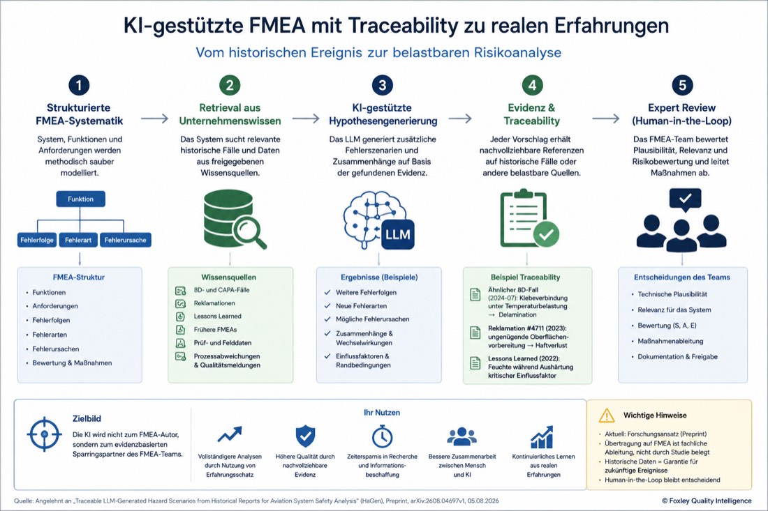 Fünfstufiges FQI-Zielbild von der strukturierten FMEA über Retrieval und KI-Hypothesen bis zu Traceability und Expert Review