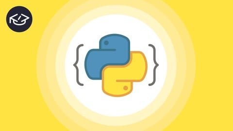 Yellow course image with the blue and yellow Python logo inside curly brackets
